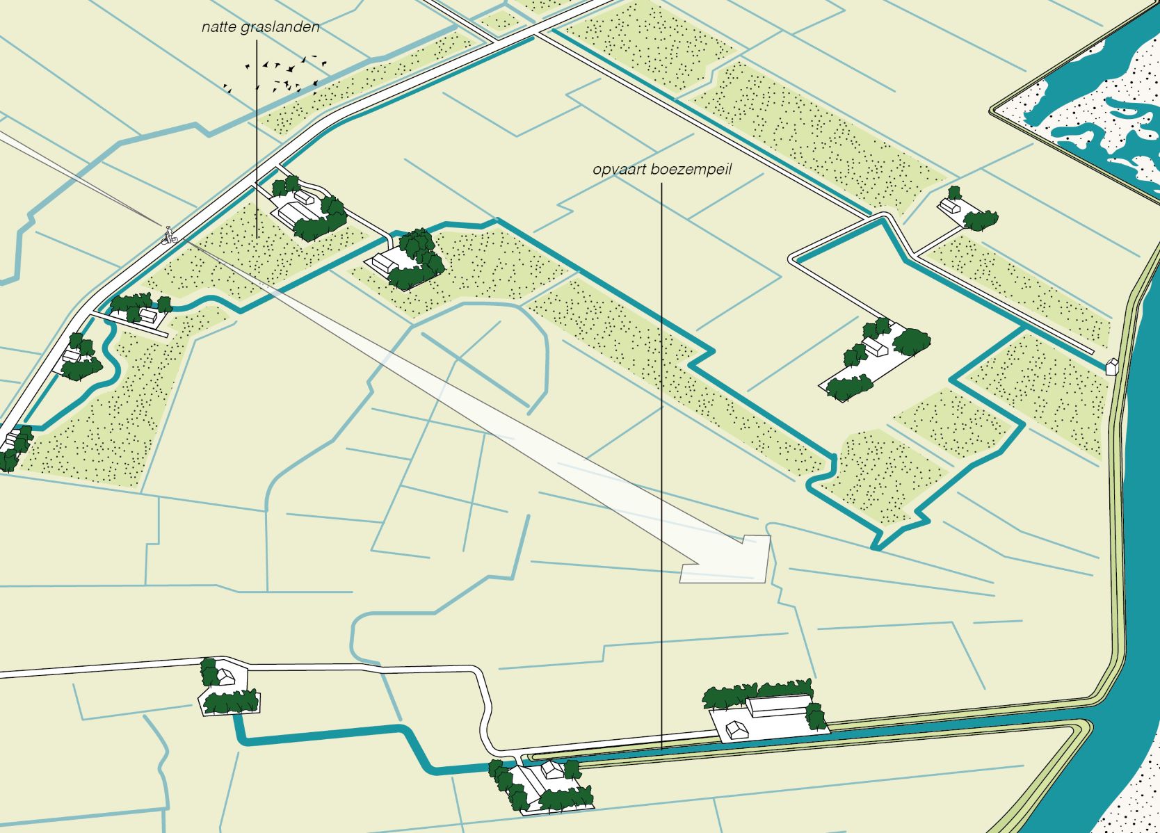 Illustratie van landschap met natte graslanden en opvaart boezempeil